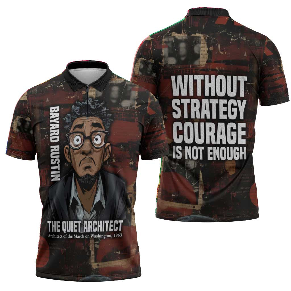 Bayard Rustin Zipper Polo Shirt with Quiet Architect Design Strategy and Courage Civil Rights Tribute - African Pride