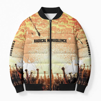 Bayard Rustin Bomber Puffer Jacket with Radical Nonviolence Design Protest Crowd and Courage Civil Rights Tribute - African Pride