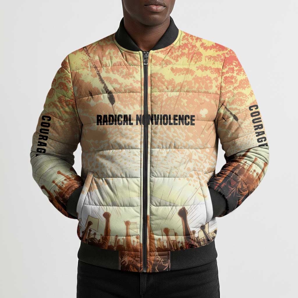 Bayard Rustin Bomber Puffer Jacket with Radical Nonviolence Design Protest Crowd and Courage Civil Rights Tribute - African Pride