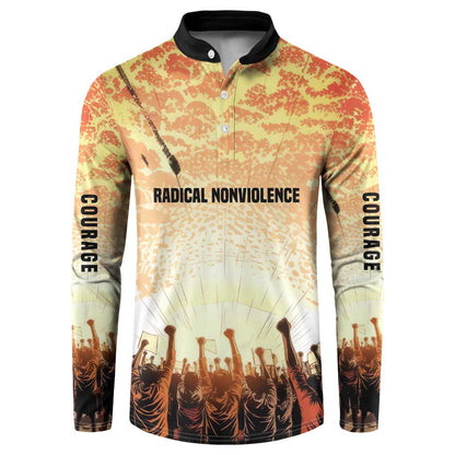 Bayard Rustin Button Sweatshirt with Radical Nonviolence Design Protest Crowd and Courage Civil Rights Tribute