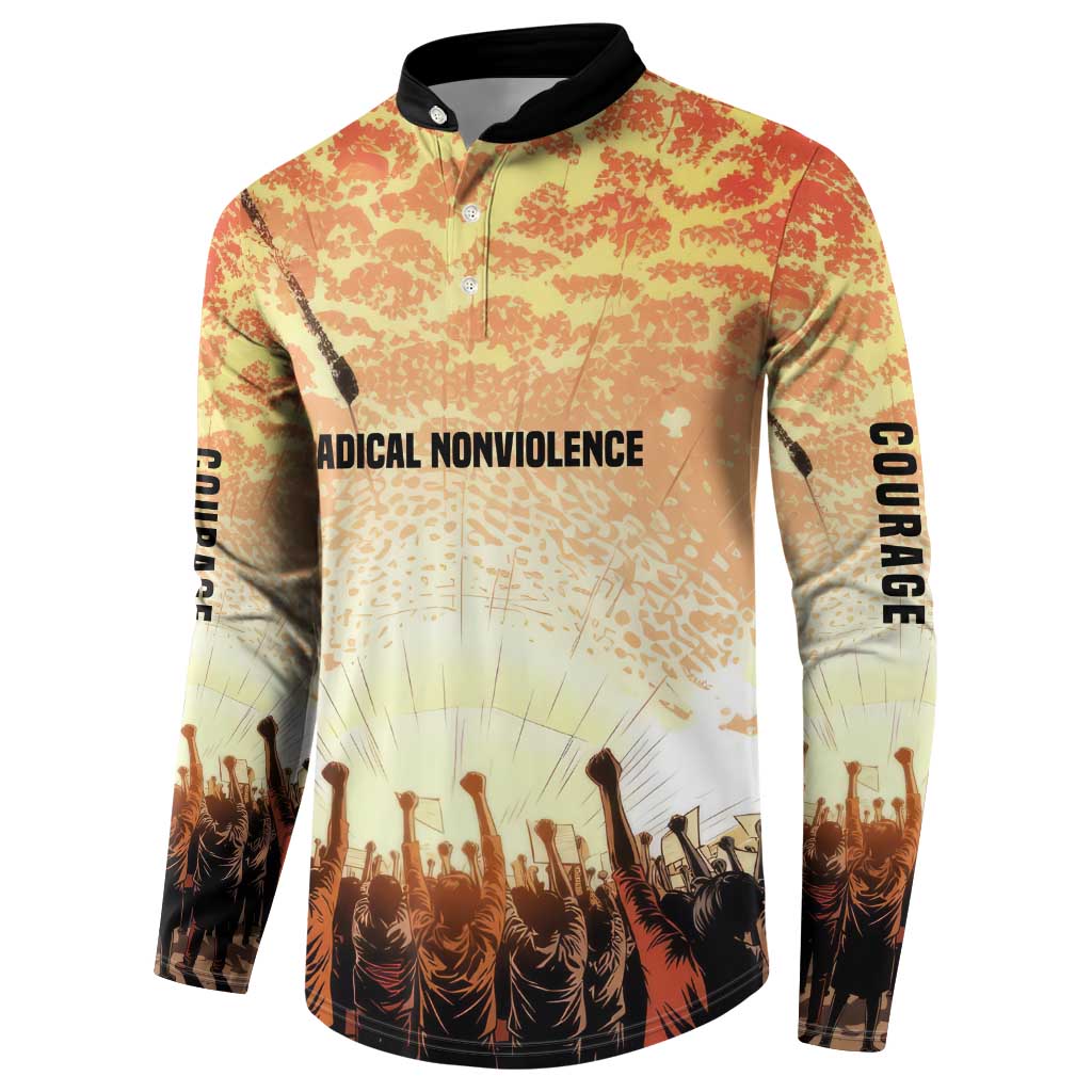 Bayard Rustin Button Sweatshirt with Radical Nonviolence Design Protest Crowd and Courage Civil Rights Tribute