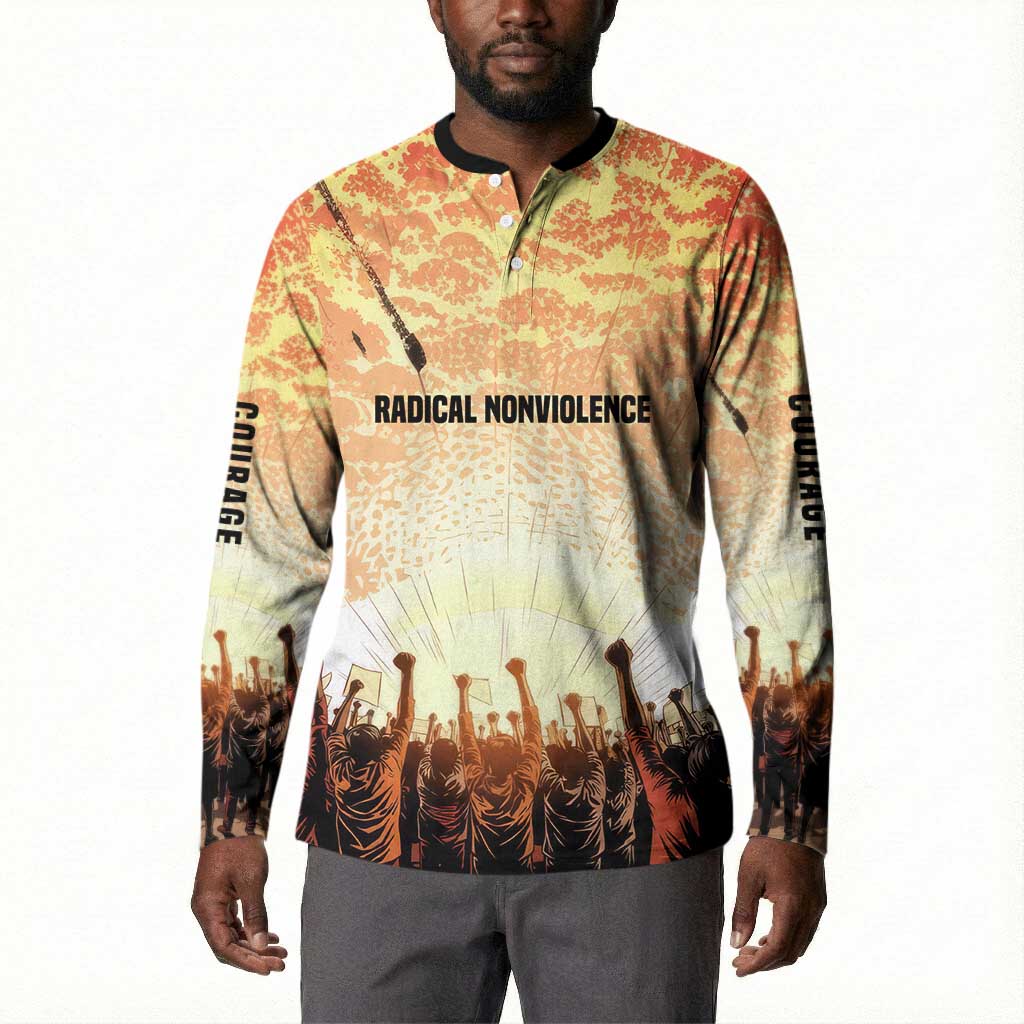 Bayard Rustin Button Sweatshirt with Radical Nonviolence Design Protest Crowd and Courage Civil Rights Tribute