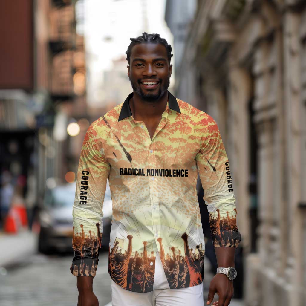 Bayard Rustin Long Sleeve Button Shirt with Radical Nonviolence Design Protest Crowd and Courage Civil Rights Tribute - African Pride