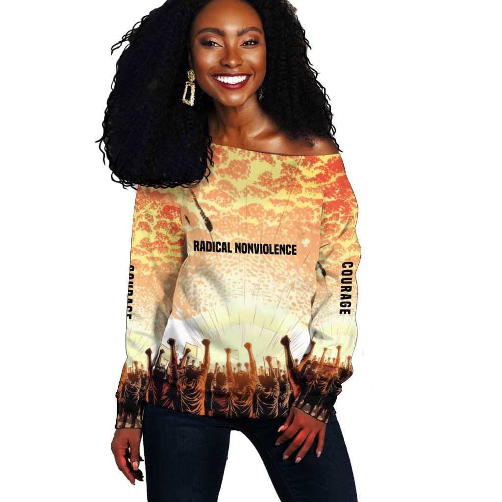 Bayard Rustin Off Shoulder Sweater with Radical Nonviolence Design Protest Crowd and Courage Civil Rights Tribute - African Pride
