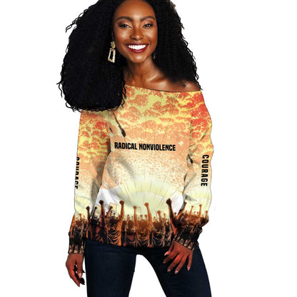 Bayard Rustin Off Shoulder Sweater with Radical Nonviolence Design Protest Crowd and Courage Civil Rights Tribute - African Pride