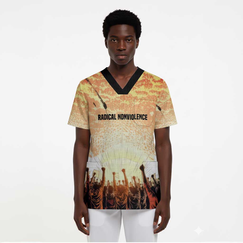 Bayard Rustin Scrub Top with Radical Nonviolence Design Protest Crowd and Courage Civil Rights Tribute - African Pride