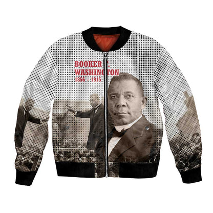 Booker T. Washington Bomber Jacket Halftone Portrait Design Tilling a Field Quote Historical Civil Rights Tribute - African Pride