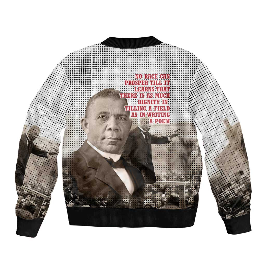 Booker T. Washington Bomber Jacket Halftone Portrait Design Tilling a Field Quote Historical Civil Rights Tribute - African Pride