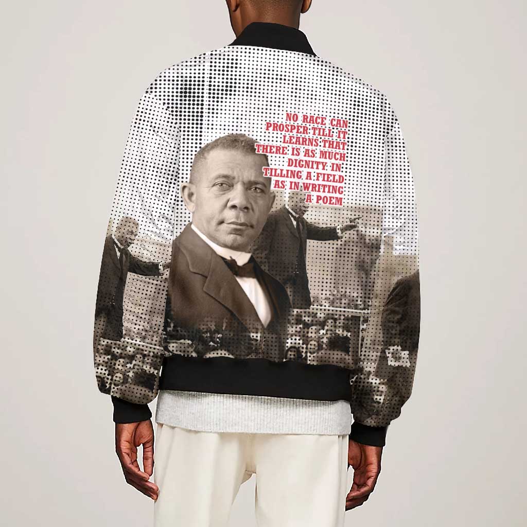 Booker T. Washington Bomber Jacket Halftone Portrait Design Tilling a Field Quote Historical Civil Rights Tribute - African Pride