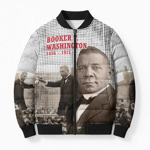 Booker T. Washington Bomber Puffer Jacket Halftone Portrait Design Tilling a Field Quote Historical Civil Rights Tribute - African Pride