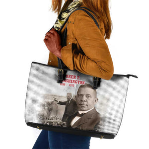 Booker T. Washington Leather Tote Bag Halftone Portrait Design Tilling a Field Quote Historical Civil Rights Tribute - African Pride
