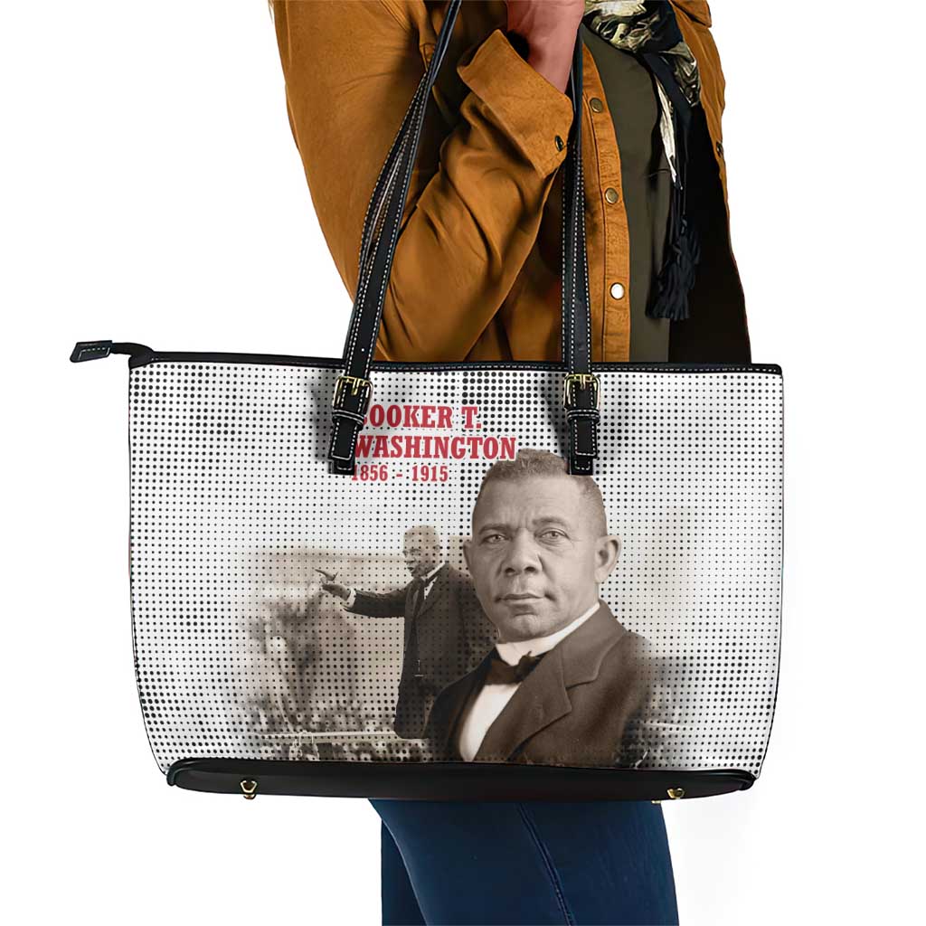Booker T. Washington Leather Tote Bag Halftone Portrait Design Tilling a Field Quote Historical Civil Rights Tribute - African Pride