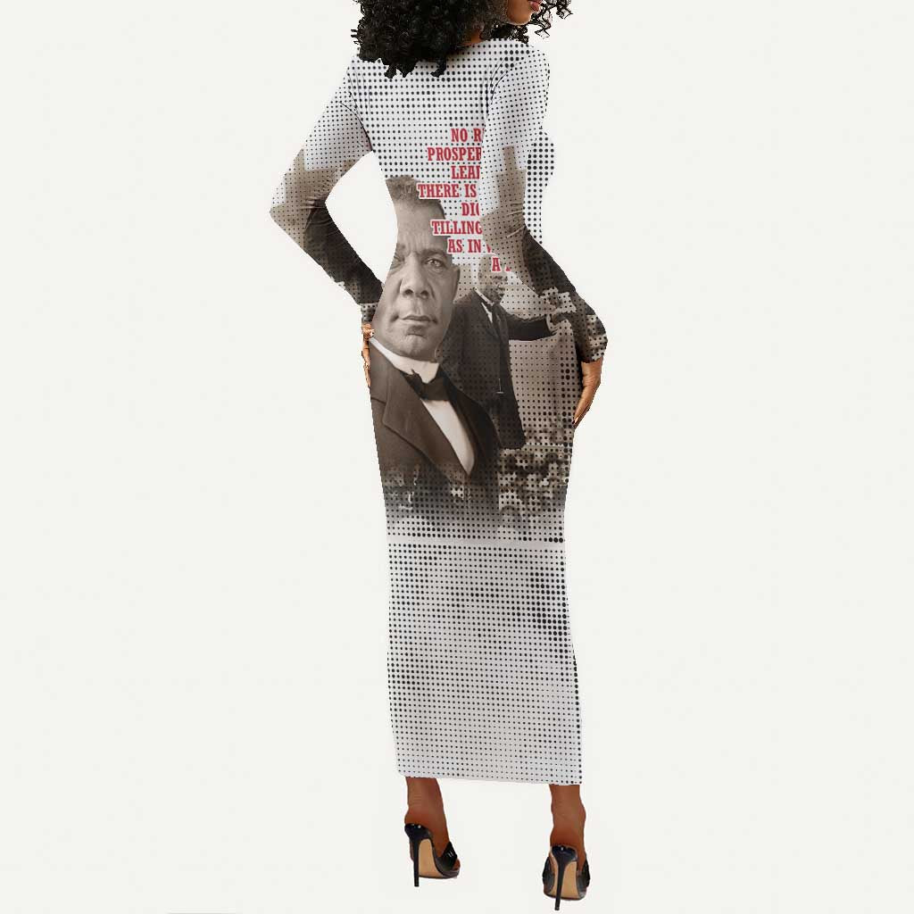 Booker T. Washington Long Sleeve Bodycon Dress Halftone Portrait Design Tilling a Field Quote Historical Civil Rights Tribute - African Pride