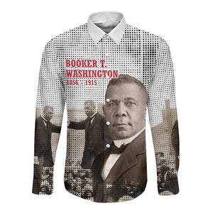 Booker T. Washington Long Sleeve Button Shirt Halftone Portrait Design Tilling a Field Quote Historical Civil Rights Tribute - African Pride