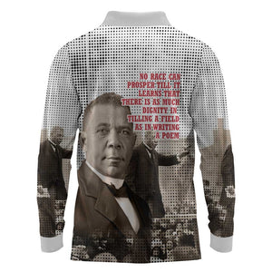 Booker T. Washington Long Sleeve Polo Shirt Halftone Portrait Design Tilling a Field Quote Historical Civil Rights Tribute - African Pride