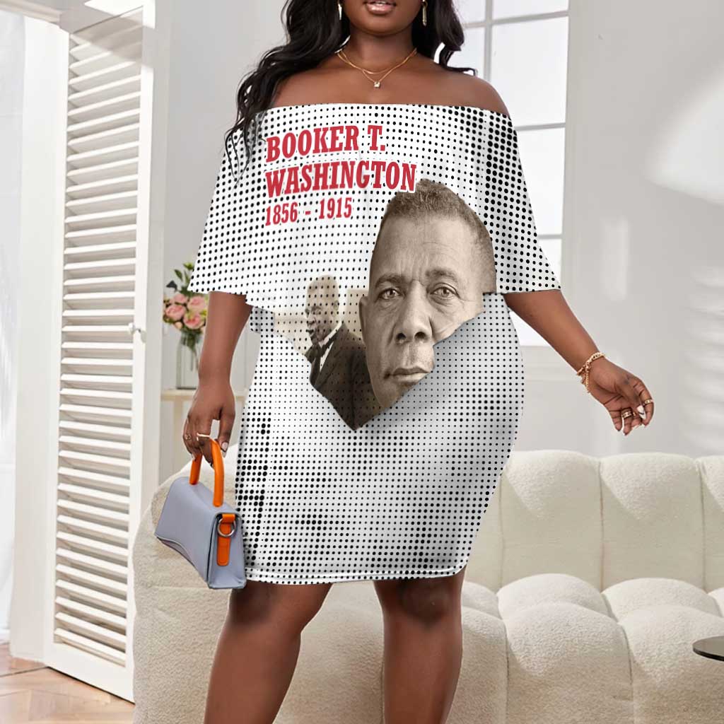 Booker T. Washington Off Shoulder Short Dress Halftone Portrait Design Tilling a Field Quote Historical Civil Rights Tribute - African Pride