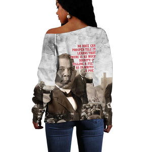 Booker T. Washington Off Shoulder Sweater Halftone Portrait Design Tilling a Field Quote Historical Civil Rights Tribute - African Pride