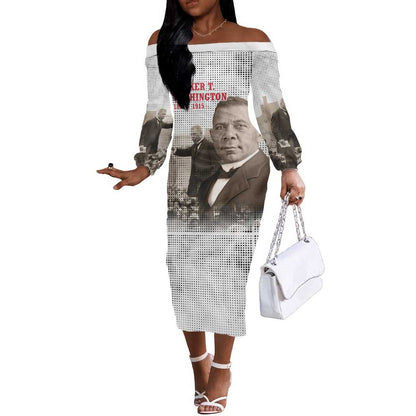 Booker T. Washington Off The Shoulder Long Sleeve Dress Halftone Portrait Design Tilling a Field Quote Historical Civil Rights Tribute - African Pride