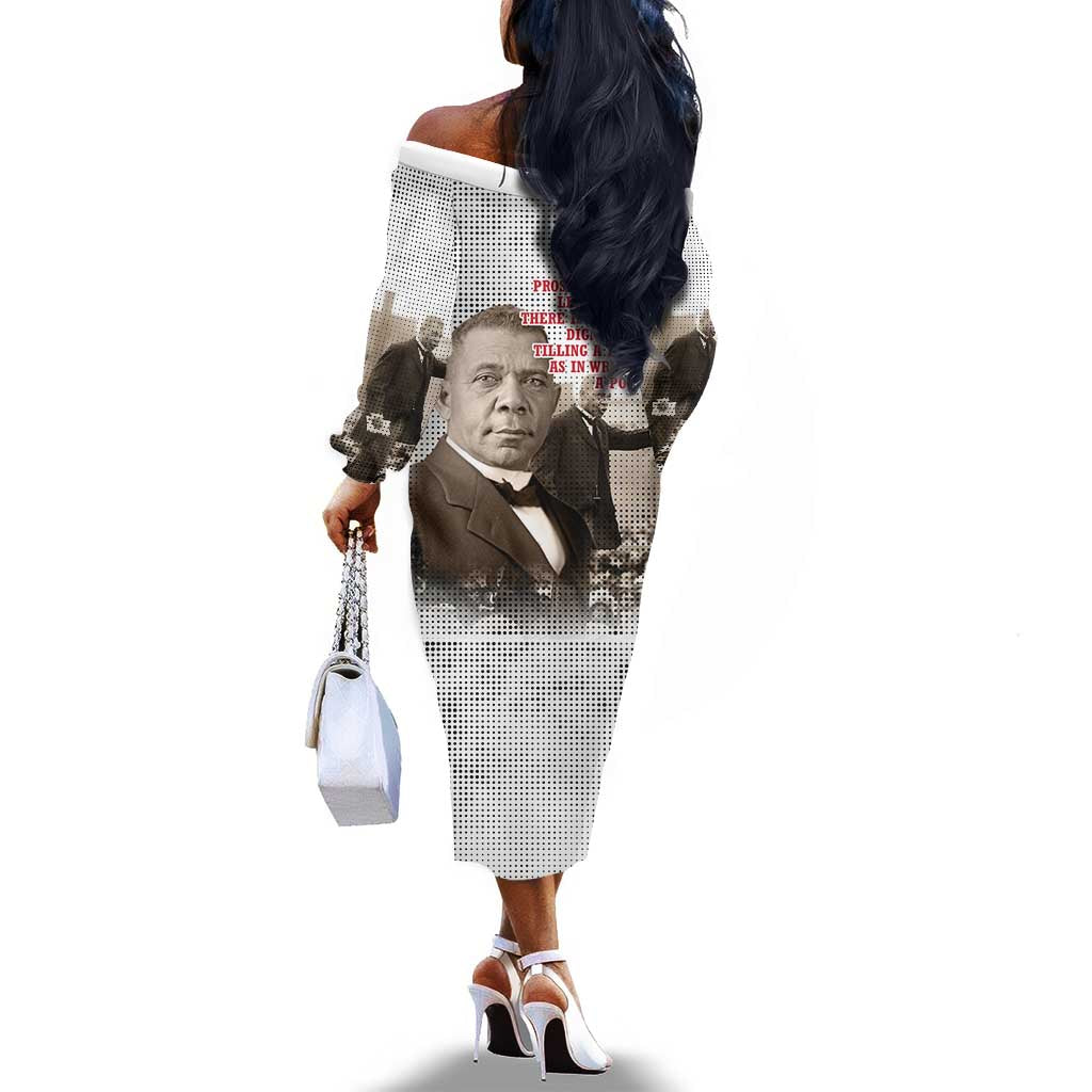 Booker T. Washington Off The Shoulder Long Sleeve Dress Halftone Portrait Design Tilling a Field Quote Historical Civil Rights Tribute - African Pride