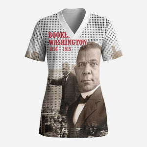 Booker T. Washington Scrub Top Halftone Portrait Design Tilling a Field Quote Historical Civil Rights Tribute - African Pride