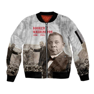 Booker T. Washington Sleeve Zip Bomber Jacket Halftone Portrait Design Tilling a Field Quote Historical Civil Rights Tribute - African Pride