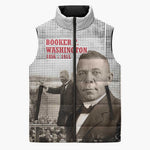 Booker T. Washington Sleeveless Puffer Jacket Halftone Portrait Design Tilling a Field Quote Historical Civil Rights Tribute - African Pride
