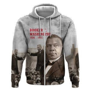Booker T. Washington Zip Hoodie Halftone Portrait Design Tilling a Field Quote Historical Civil Rights Tribute - African Pride