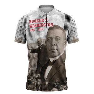 Booker T. Washington Zipper Polo Shirt Halftone Portrait Design Tilling a Field Quote Historical Civil Rights Tribute - African Pride