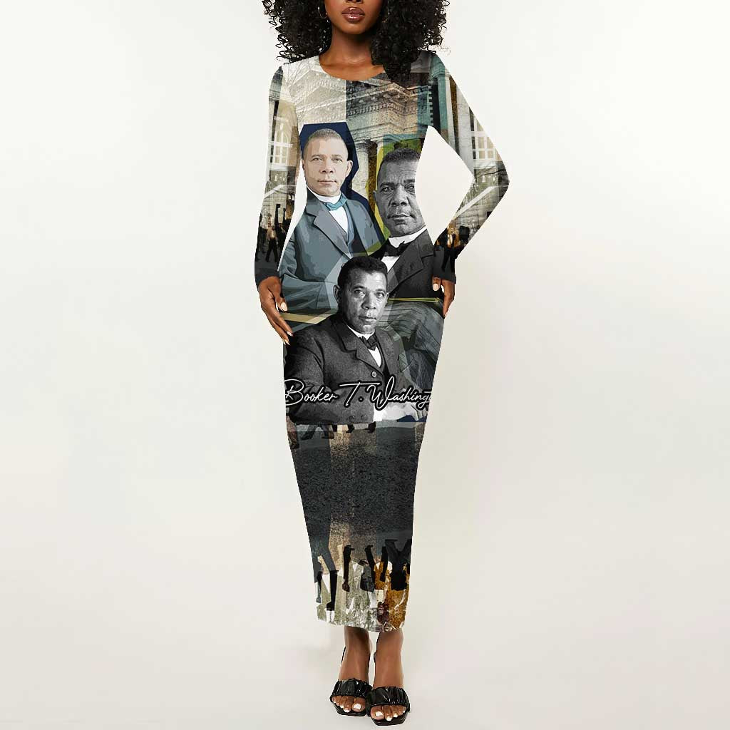 Booker T. Washington Long Sleeve Bodycon Dress Historic Portrait Collage Civil Rights Legacy Educational Pioneer Design - African Pride