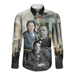 Booker T. Washington Long Sleeve Button Shirt Historic Portrait Collage Civil Rights Legacy Educational Pioneer Design - African Pride