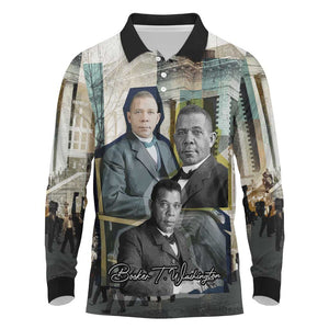 Booker T. Washington Long Sleeve Polo Shirt Historic Portrait Collage Civil Rights Legacy Educational Pioneer Design - African Pride
