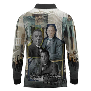Booker T. Washington Long Sleeve Polo Shirt Historic Portrait Collage Civil Rights Legacy Educational Pioneer Design - African Pride