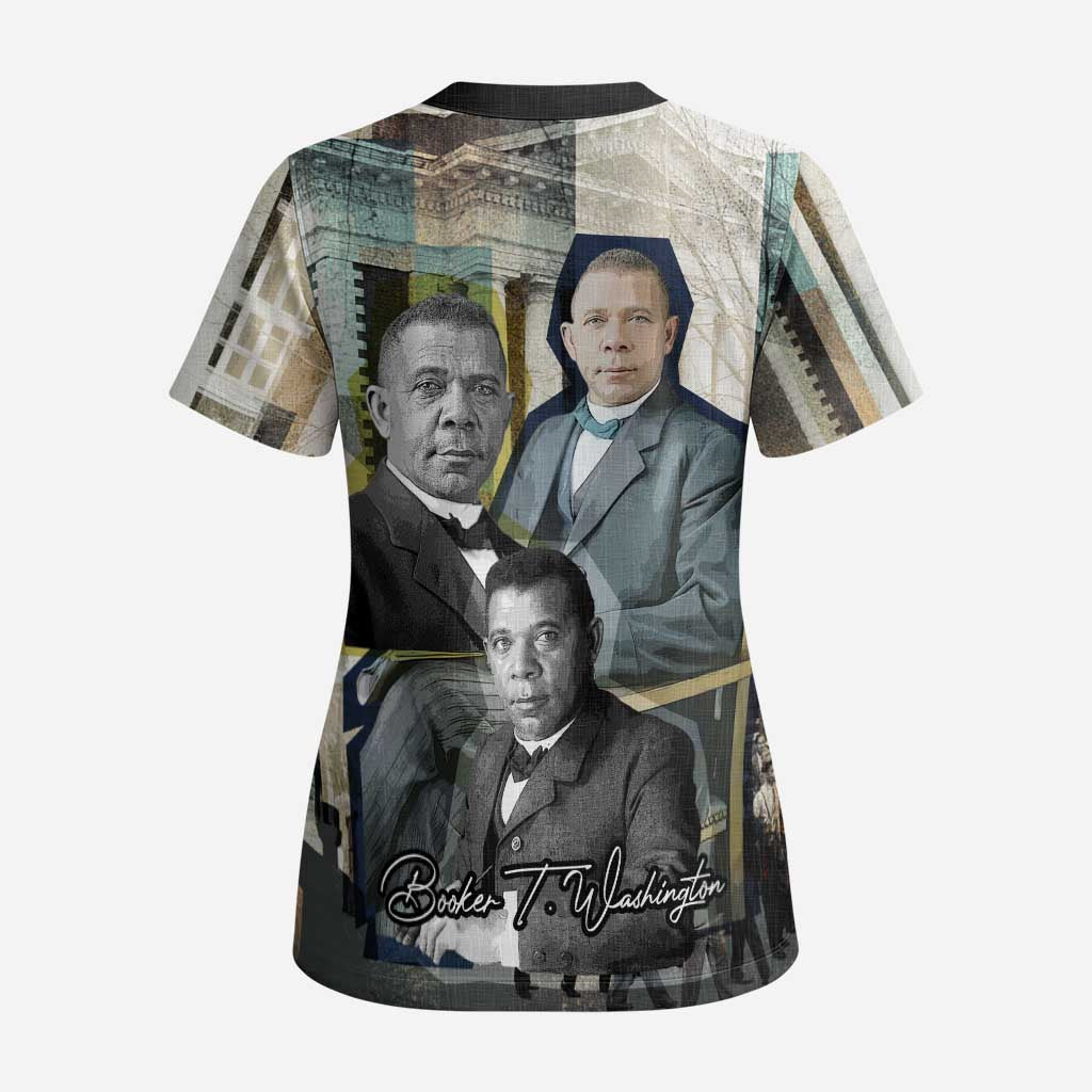 Booker T. Washington Scrub Top Historic Portrait Collage Civil Rights Legacy Educational Pioneer Design - African Pride