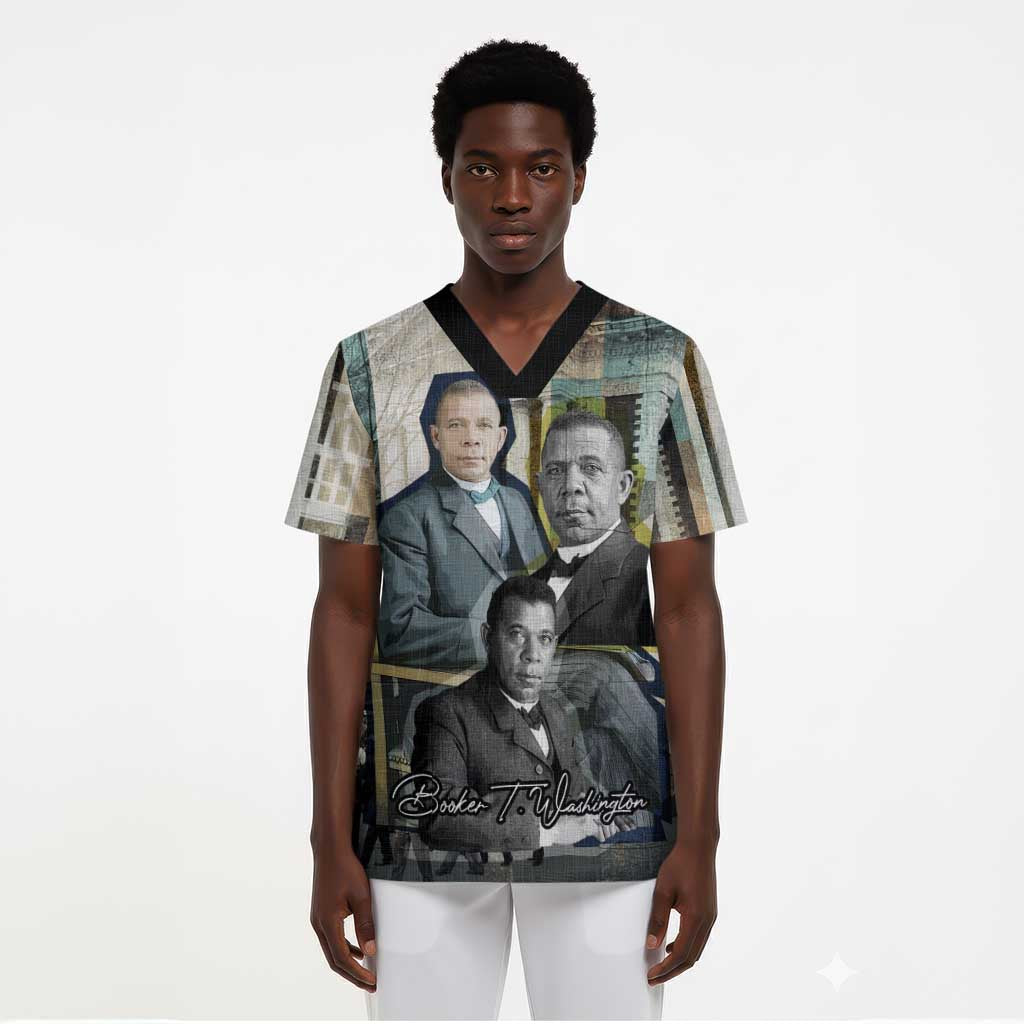 Booker T. Washington Scrub Top Historic Portrait Collage Civil Rights Legacy Educational Pioneer Design - African Pride