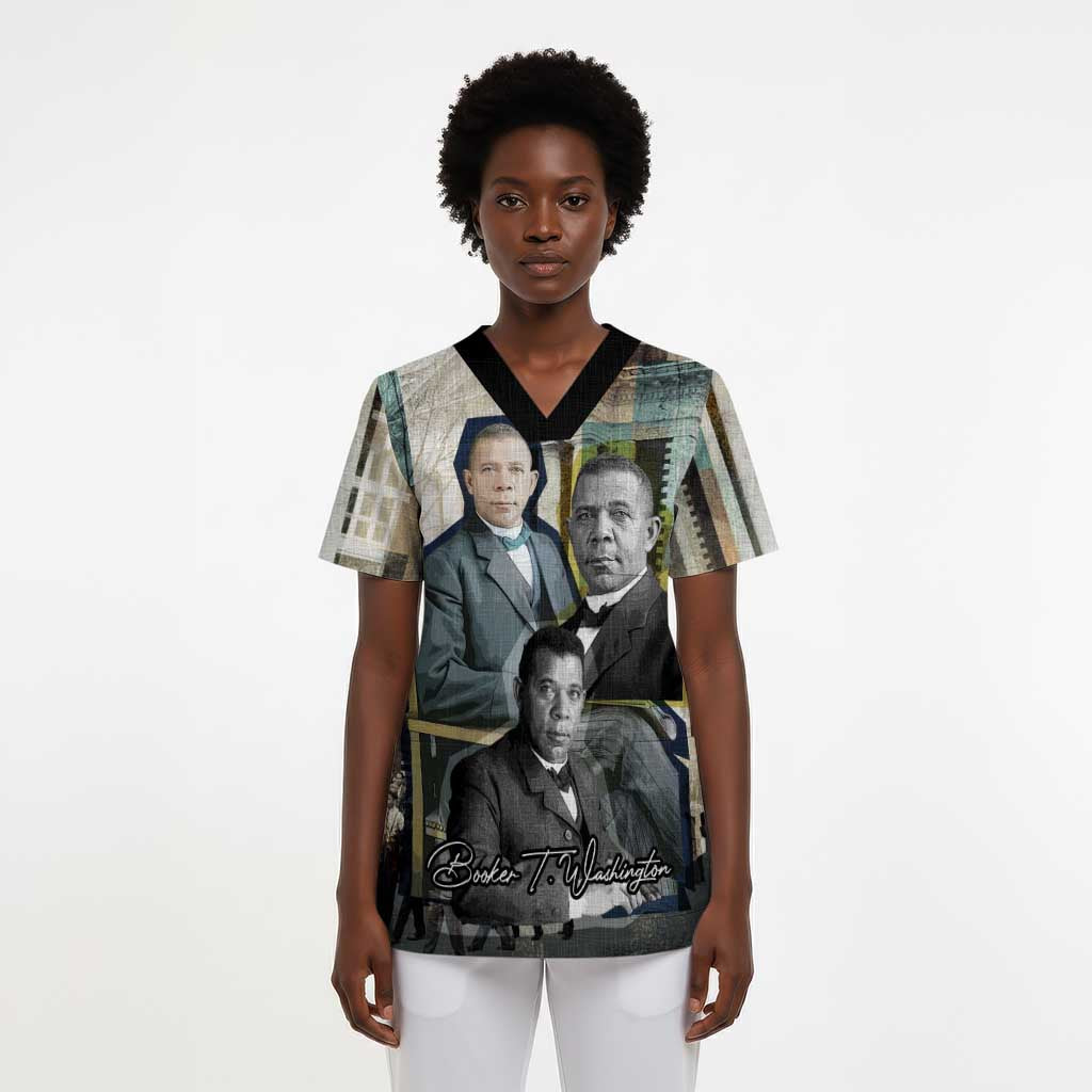 Booker T. Washington Scrub Top Historic Portrait Collage Civil Rights Legacy Educational Pioneer Design - African Pride