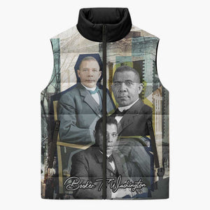 Booker T. Washington Sleeveless Puffer Jacket Historic Portrait Collage Civil Rights Legacy Educational Pioneer Design - African Pride