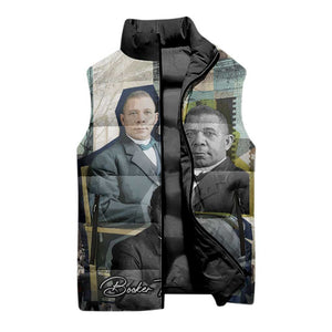Booker T. Washington Sleeveless Puffer Jacket Historic Portrait Collage Civil Rights Legacy Educational Pioneer Design - African Pride