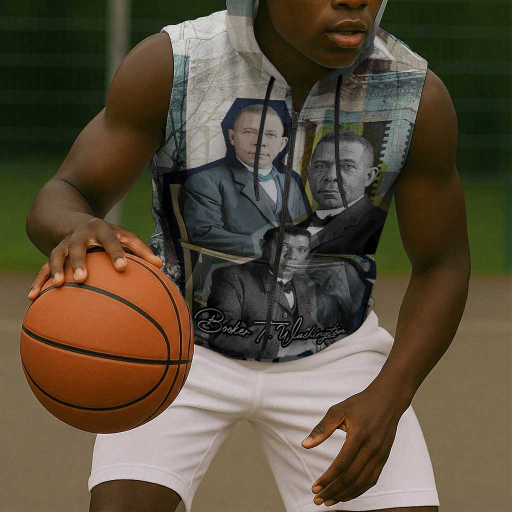 Booker T. Washington Sleeveless Zip Hoodie Historic Portrait Collage Civil Rights Legacy Educational Pioneer Design - African Pride