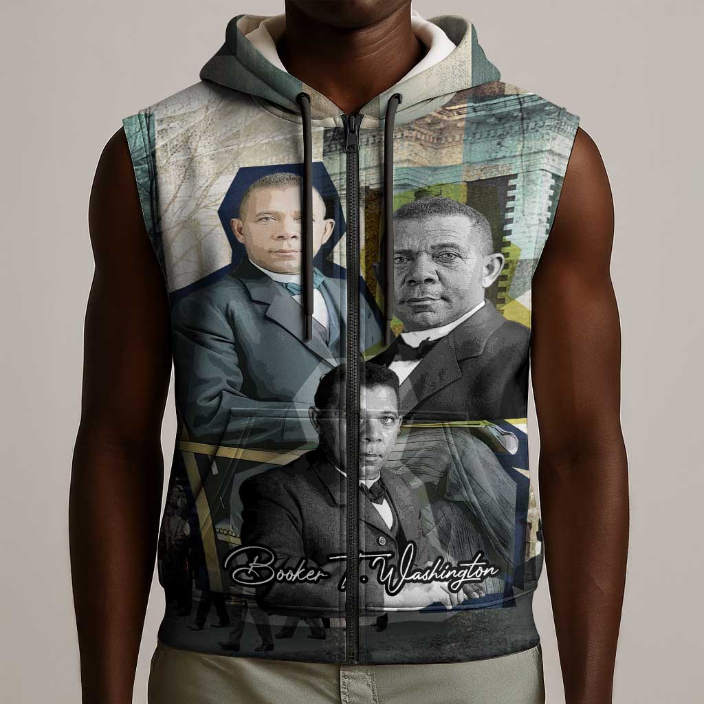 Booker T. Washington Sleeveless Zip Hoodie Historic Portrait Collage Civil Rights Legacy Educational Pioneer Design - African Pride