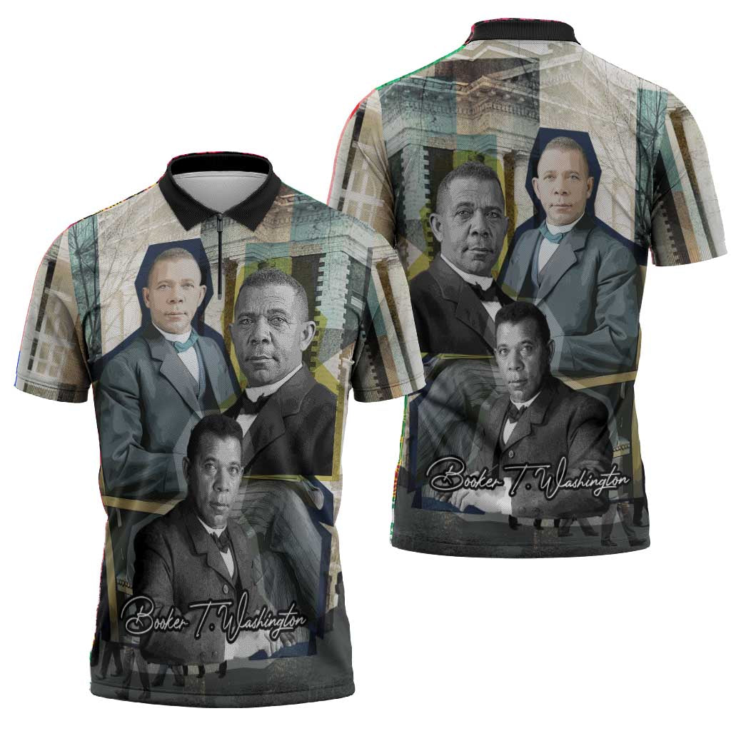 Booker T. Washington Zipper Polo Shirt Historic Portrait Collage Civil Rights Legacy Educational Pioneer Design - African Pride