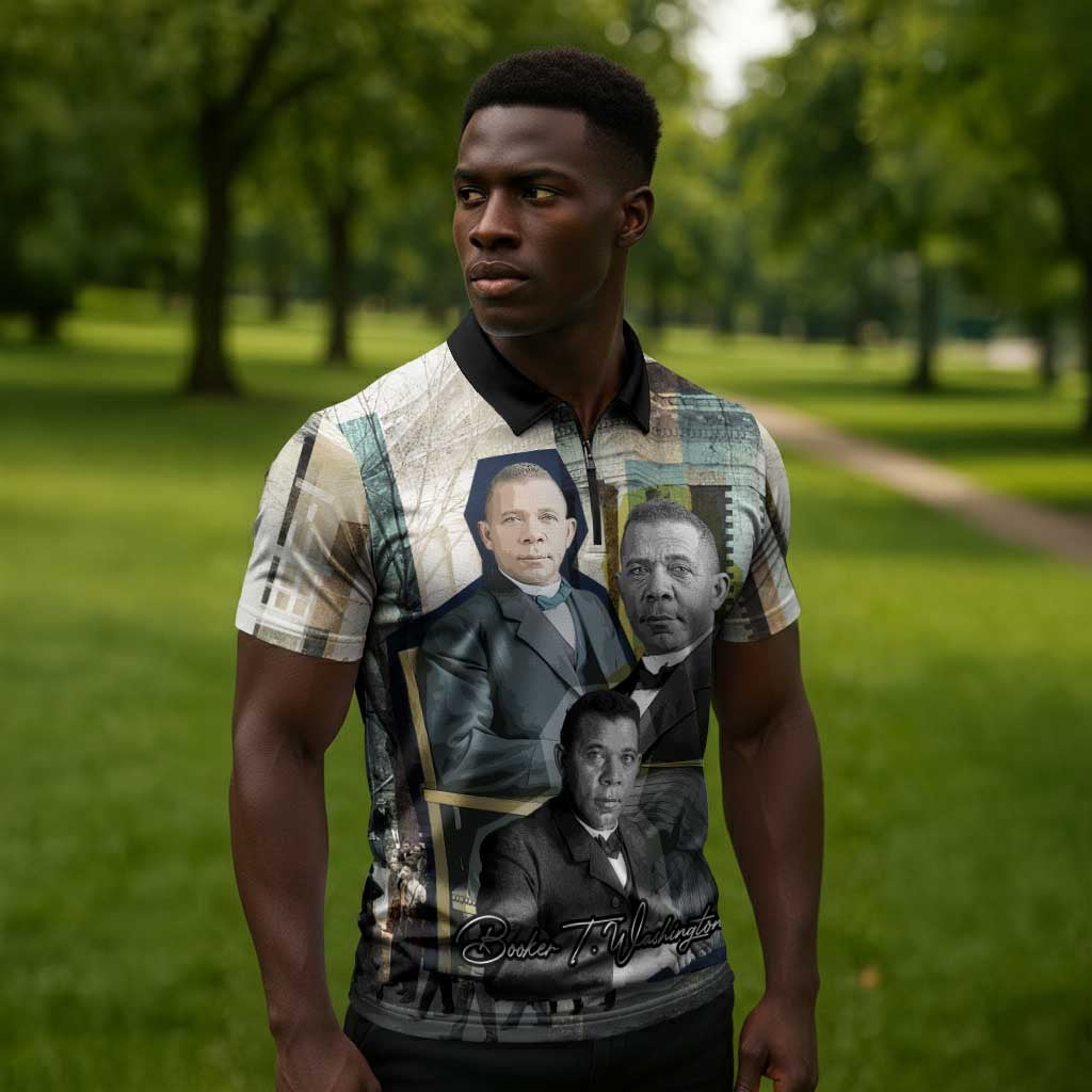 Booker T. Washington Zipper Polo Shirt Historic Portrait Collage Civil Rights Legacy Educational Pioneer Design - African Pride