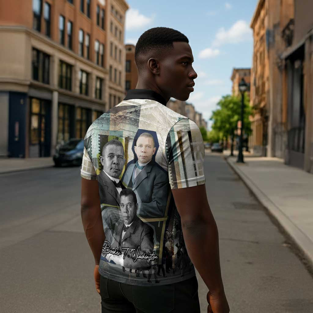 Booker T. Washington Zipper Polo Shirt Historic Portrait Collage Civil Rights Legacy Educational Pioneer Design - African Pride