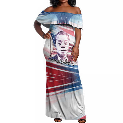 James Baldwin Off Shoulder Maxi Dress Artistic Portrait Quote on Love and Awareness Civil Rights Tribute - African Pride