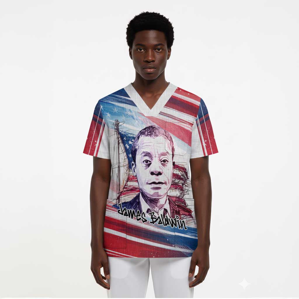 James Baldwin Scrub Top Artistic Portrait Quote on Love and Awareness Civil Rights Tribute - African Pride