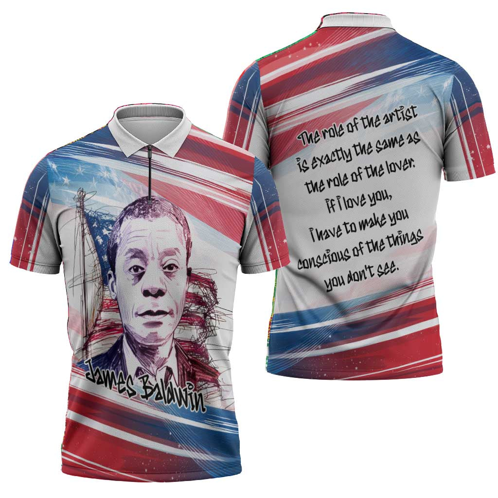James Baldwin Zipper Polo Shirt Artistic Portrait Quote on Love and Awareness Civil Rights Tribute - African Pride