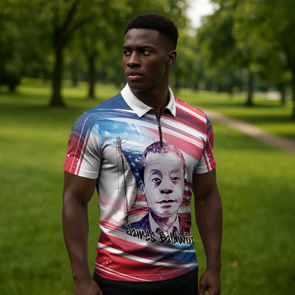 James Baldwin Zipper Polo Shirt Artistic Portrait Quote on Love and Awareness Civil Rights Tribute - African Pride
