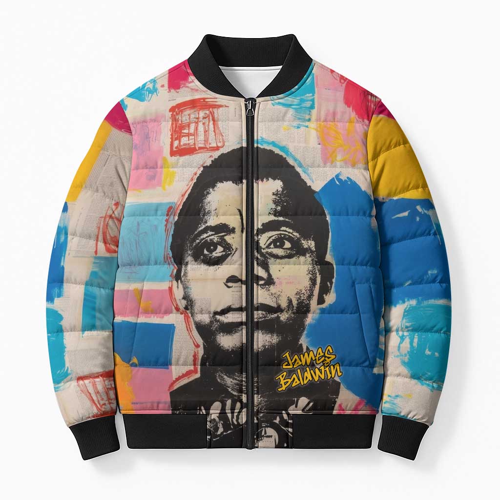 James Baldwin Bomber Puffer Jacket Colorful Graffiti Style Portrait The Fire Next Time Text Bold Civil Rights Tribute - African Pride