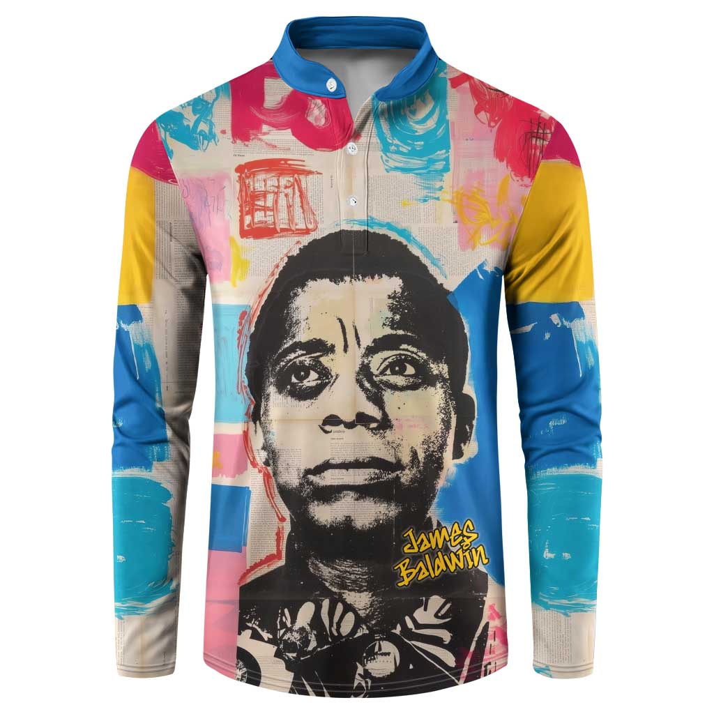 James Baldwin Button Sweatshirt Colorful Graffiti Style Portrait The Fire Next Time Text Bold Civil Rights Tribute