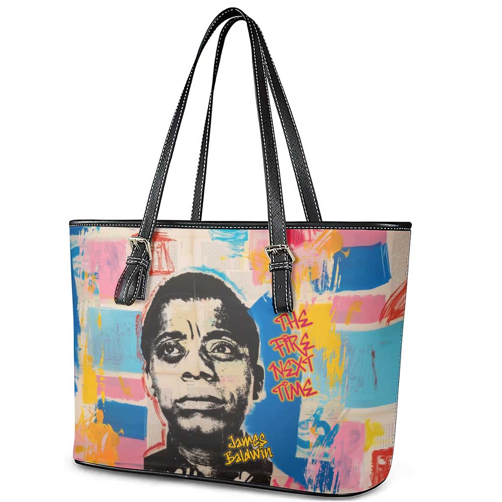 James Baldwin Leather Tote Bag Colorful Graffiti Style Portrait The Fire Next Time Text Bold Civil Rights Tribute - African Pride