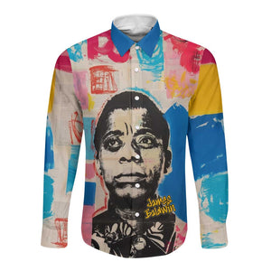 James Baldwin Long Sleeve Button Shirt Colorful Graffiti Style Portrait The Fire Next Time Text Bold Civil Rights Tribute - African Pride
